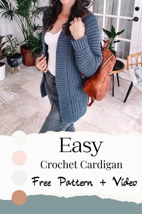 Learn how to create the perfect Easy Crochet Cardigan with this beginner-friendly pattern and video tutorial. This crochet pattern is made flat and comes in sizes XS to 5X, size inclusive! Build your confidence and dive into handmade wearables. Beginner Crochet Cardigan Free, Crochet Sweater Cardigan Pattern Free, Basic Crochet Cardigan, Crochet Cardigan Easy Free, Free Crochet Patterns Cardigan Women, Campfire Cardigan Free Pattern, Fine Crochet Patterns, Free Crochet Cardigan Patterns Easy, Lightweight Crochet Cardigan