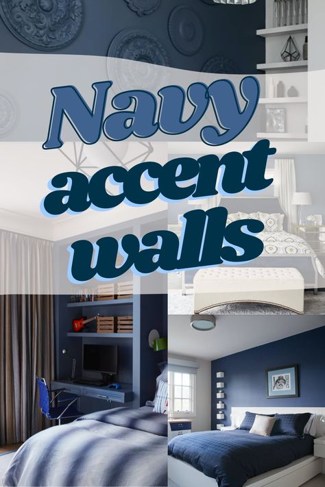 Navy Statement Wall, Dark Blue Accent Wall Bedroom Color Pallets, Accent Wall Blue Bedroom, Navy Half Wall, Accent Wall Bedroom Navy Blue, Navy Blue Accent Wall Dining Room, Dark Navy Bedroom Accent Wall, Dark Blue Accent Wall Dining Room, Navy Blue Bedroom Walls Room Ideas