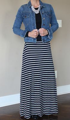 Black And White Striped Skirt Outfit, Striped Maxi Skirt Outfit, Fall Office Attire, Striped Skirt Outfit, Long Striped Skirts, Black And White Striped Skirt, Black Long Sleeve Tee, Long Skirt Outfits, Denim Jacket With Dress