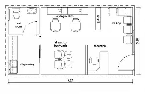 The layout w/o the photo area Saloon Plans Layout, Small Salon Interior Design Layout, Beauty Salon Plan Design, Beauty Saloon Interiors Ideas, Small Parlour Ideas, Beauty Salon Floor Plan Small, Beauty Salon Layout Ideas Floor Plans, Saloon Designs Ideas, Small Salon Floor Plan