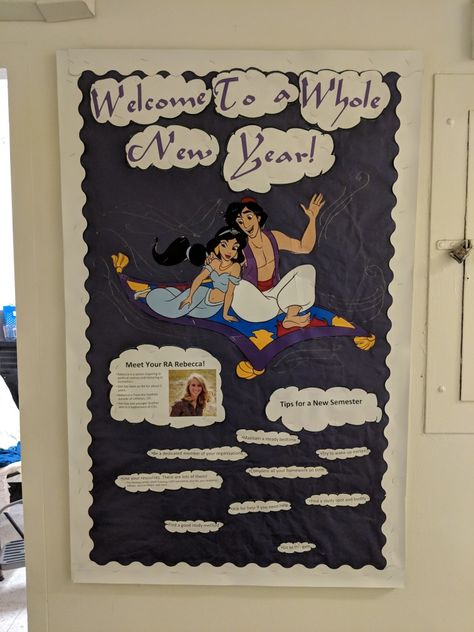 RA Bulletin Board - Disney, Aladdin Disney Welcome Back Bulletin Board, Disney School Theme Ideas, Aladdin Classroom Theme, Disney Classroom Door Ideas, Disney Ra Bulletin Boards, Disney Themed Bulletin Boards, Disney Bulletin Board Ideas, Disney Classroom Theme, Disney Bulletin Boards