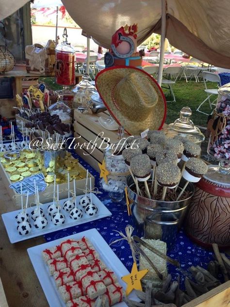 Cowboy Party Candy Buffet Desserts and Cake Birthday Party Candy Table, Cowboy Themed Birthday Party, Shower Dessert Table, Cowboy Candy, Baby Shower Dessert, Baby Shower Dessert Table, Cowboy Baby Shower, Cowboy Birthday Party, Barn Parties