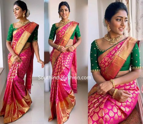 Eesha Rebba attended an event wearing a pink and gold Kanchipuram silk saree by CMR Shopping Mall paired with contrast green embroidered blouse by Vaishali. Traditional gold jewelry from Vibha Creations, nude makeup and pulled back gajra bun completed her look! Traditional Gold Jewelry, Gajra Bun, Pink Saree Blouse, Green Blouse Designs, Eesha Rebba, Pattu Saree Blouse Designs, Traditional Blouse Designs, Latest Model Blouse Designs, Bridal Attire