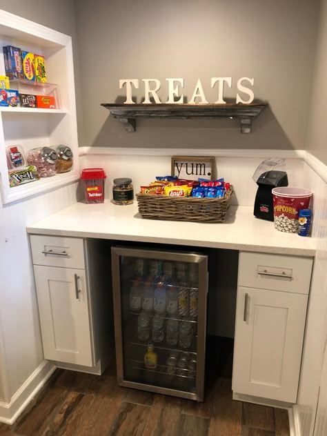 Home snack bar Home theater  Beverage station Home Snack Bar, Snack Bar Home, Home Theater Snack Bar, Basement Movie Room, Theater Room Decor, Snack Station, Theater Room Design, Beverage Station, Hangout Room