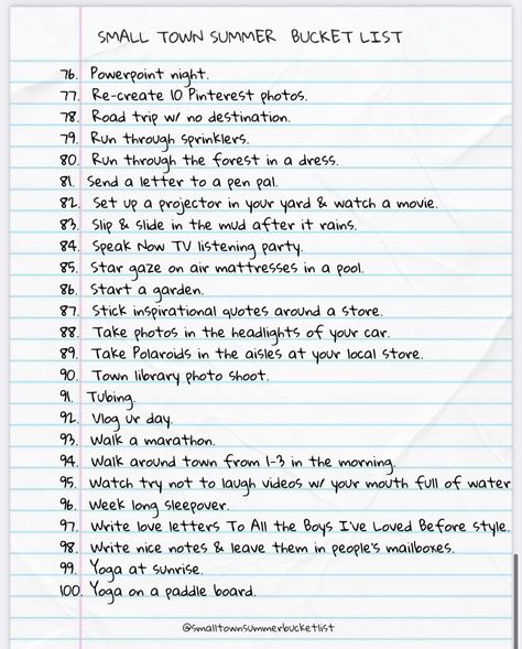 Losers Guide To A Good Summer, Small Town Summer Bucket List, Yolo Bucket List, Things To Do Because Yolo, Rejection Therapy, Summer Bucket List 2024, Summer List Ideas, Small Town Summer, Ultimate Summer Bucket List