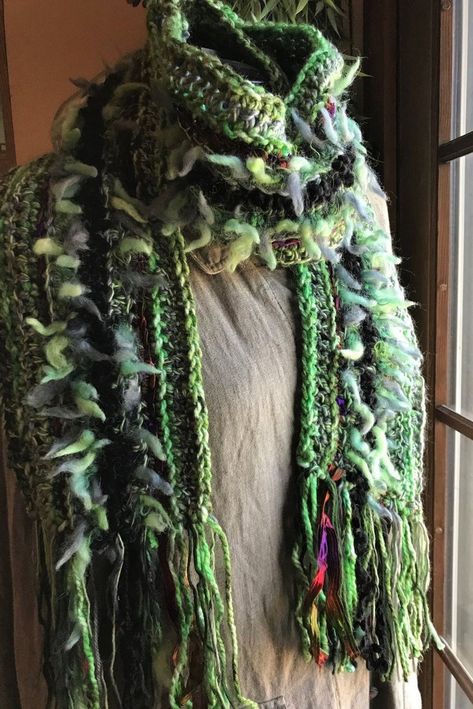 Crocheted Scarf Green with Black Accent Art Yarns | Etsy Accent Art, Crocheted Scarf, Rope Decor, Best Wraps, Crochet Clothing And Accessories, Funky Outfits, Wool Projects, Blue Art, Black Accents