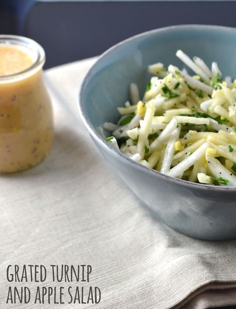 Not sure what to do with turnips? Try this Grated Turnip and Apple Salad. The crunch of the turnip and apple feels so refreshing and we've paired it with our Spicy Grapefruit Salad Dressing - delicious! Turnip Salad, White Turnip, Turnip Recipes, Grapefruit Salad, Apple Salad Recipes, Root Veggies, Harvest Recipes, Turnips, Apple Salad