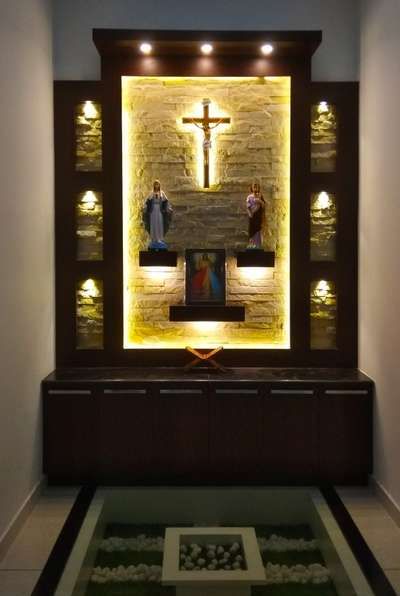 Prayer Room Designs by Contractor miltonmicheal miltonmicheal , Ernakulam | Kolo Small Altar Design Home Catholic, Modern Altar Design Home Catholic, Christian Prayer Room Design, Wall Altar Ideas Catholic, Catholic Home Altar Ideas Living Rooms, Praying Corner, Decorations Drawing, Alter Design, 2023 Home Interior