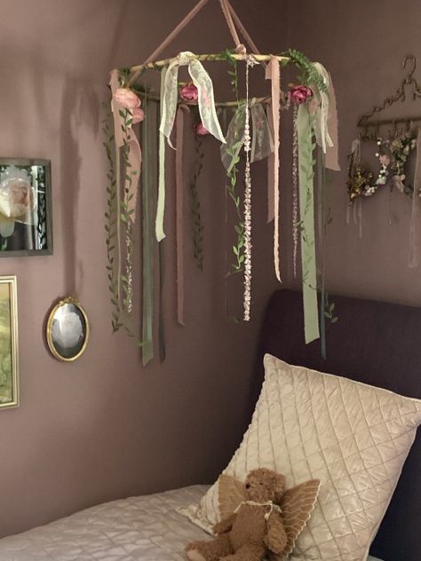 Romantic Faerie Floral Ribbon Nursery Mobile Mobile Ideas Diy, Hanging Ribbon Decor, Diy Room Garland, Stuff To Hang On Walls Bedrooms, Ribbon Room Decor, Whimsigoth Nursery, Diy Whimsical Decor, Aesthetic Room Diy, Aesthetic Crafts Diy Projects