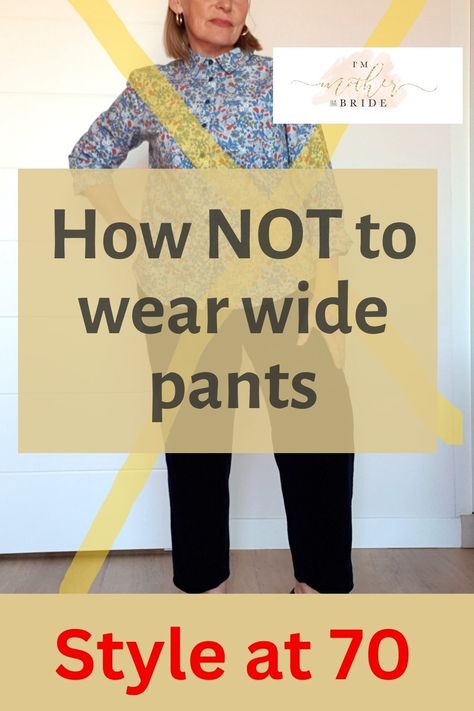 They can look smart or frumpy so learn style tips for wearing wide leg pants #over50 #over60 #over70 #retired #pants Styling Wide Leg Trousers Plus Size, How Long Should Wide Leg Pants Be, Wide Leg Corduroy Pants Outfit Winter, How To Wear Wide Leg Pants Plus Size, Wide Leg Pants Big Tummy, What To Wear With Wide Leg Trousers, How To Take In Pants That Are Too Big, Black Palazzo Pants Outfit Casual, How To Wear Wide Leg Cropped Pants