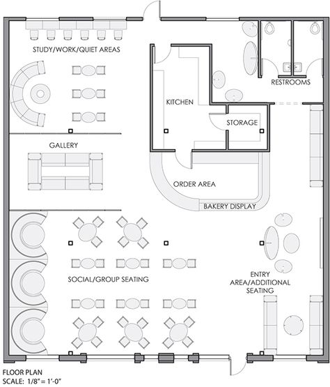 Coffea: Coffee Shop & Bakery (2014) on Behance Floor Plan Restaurant Coffee Shop, Book Cafe Layout Plan, Cake Shop Layout Plan, Coffee Shop Floor Plan With Dimensions, Bakery Cafe Floor Plan, Cafe And Gallery, Cafe Floor Plan With Dimensions, Cafe Kitchen Design Layout Coffee Shop, Coffee Shop Plans Architecture