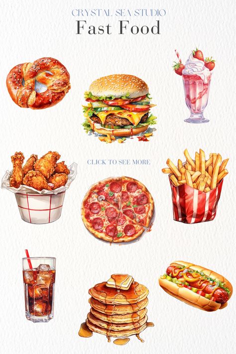 15 delightful clip art images of various Fast Food treats. Digital download. Fast Food Wallpaper, Food Watercolor Illustration, Funky Illustrations, Food Clip Art, Food Collage, Watercolor Food Illustration, Food Sticker, Food Clipart, Watercolor Food