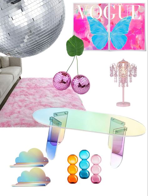 Barbie Y2K Living Room Decor Barbie Aesthetic Barbiecore Pink Iridescent Coffee Table Viral Iridescent Cloud Floating Shelves Barbie Inspo Pink Fluffy Rug Disco Ball Retro Disco Ball Coffee Table, Barbie Core Home Decor, Y2k Interior Design, Y2k Interior, Ball Coffee Table, Cherry Disco, Vogue Wall, Maximalist Room, Interior Design Accessories