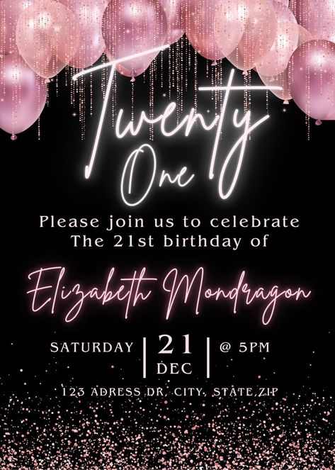 🌟🖤 Elevate Your 21st Birthday Bash with Our Glamorous Black & Pink Sparkly Invitation Template! 🖤🌟 Make a bold statement with your 21st birthday party using our stunning digital invitation template! This chic design combines a sophisticated black background with vibrant pink and sparkling details, ensuring your celebration is as unforgettable as you are. Why You'll Love This Template: ✨ Dazzling Design: The sleek black backdrop is adorned with eye-catching pink sparkles and shimmering accents, creating a glamorous and high-energy vibe that's perfect for your milestone celebration. 💖 Fully Customizable: Easily personalize every detail, from the event details to the color scheme, to match your unique party style. Effortlessly adjust text and elements to create an invite that's perfectly 21st Black Out Party, Black And Pink Birthday Invitations, Pink Party Invites, Pink And Black 21st Birthday Party, 21st Birthday Invitations Templates Free, Black And Pink Invitation, Black And Pink Birthday Theme, 21st Birthday Invite, Pink And Black Birthday