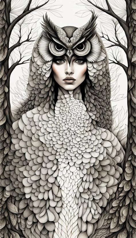 A captivating line drawing of a beautiful mysterious Owl woman, with enormous eyes. - AI Generated Artwork - NightCafe Creator Owl Artwork Drawing, Owl Woman, Owl Goddess, Owl Women, Owl Girl, Scifi Art, Owl Artwork, Alchemy Symbols, Owl Pictures