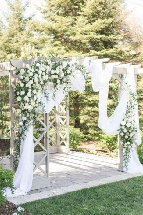 Pergola Wedding Decor, Outdoor Wedding Ceremony Arch, Draped Ceremony Arch, Greenery Wedding Arch |  #pergola #weddingceremony White Pergola Wedding Decorations, Pergola Ideas Wedding, White Pergola Wedding, Pergola Wedding Ceremony, Closed Pergola, Hexagon Pergola, Pergola Wedding Decorations, Pergola Architecture, Pergola Seating