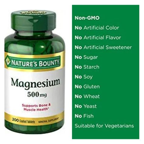 SUPPORTS BONE AND MUSCLE HEALTH (1): Magnesium plays an essential role in supporting bone health and maintaining bone mineralization. (1) 500 MG OF MAGNESIUM: Each tablet of Nature’s Bounty Magnesium contains 500 mg of Magnesium, which is 119% of the daily recommended value for this important mineral Natures Bounty, Best Magnesium, Magnesium Glycinate, Nature's Bounty, Preventative Health, Bones And Muscles, Body Support, Artificial Sweetener, Bone Health