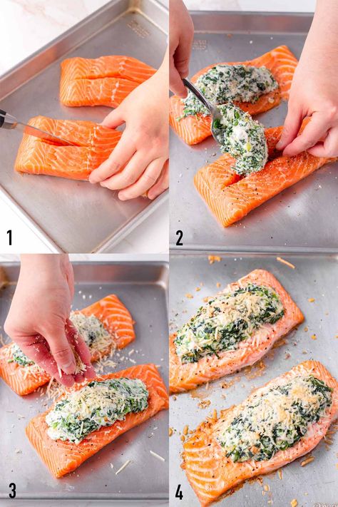 Spinach Cream Cheese Salmon, Salmon Stuffed Baked Potato, Creamy Spinach Stuffed Salmon, Creamed Spinach Stuffed Salmon, Stuffed Salmon Recipes Spinach Baked, Salmon Ricotta Recipes, Stuff Salmon With Spinach, Stuffed Salmon Recipes Spinach, Salmon And Spinach Recipes