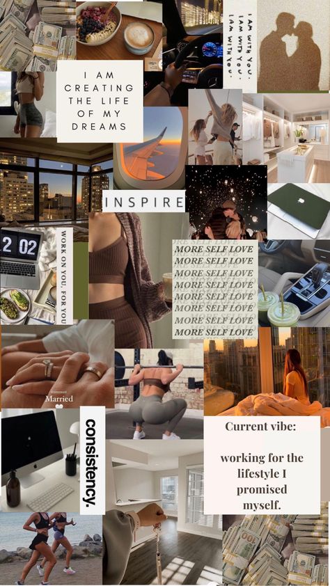 Vision Board Wallpaper Collage | Mindset | Inspirational Wallpaper Daglig Motivation, Creative Vision Boards, Vision Board Collage, Vision Board Examples, Board Wallpaper, Quotes Dream, Digital Vision Board, Now Quotes, Vision Board Images