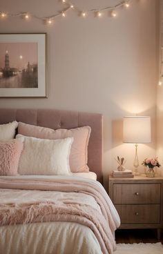 Cream Pink Brown Bedroom, Bedroom Statement Light, Beige And Light Pink Bedroom, Pink Luxury Bedroom Aesthetic, Vintage Rose Bedroom Ideas, Mauve Blush Bedroom, Pink Accents In Bedroom, Pink Bed Wall Color, Pink White Brown Bedroom