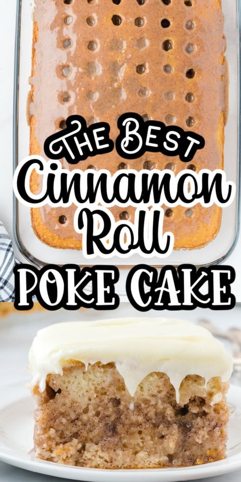 Cinnamon Roll Poke Cake starts with a box of cake mix and followed by a creamy cinnamon sugar filling and topped off with a delicious cream cheese frosting. This easy sheet cake will soon become a family favorite recipe! Carmelized Chuck Roast In Oven, Butter Recipe Cake Mix Recipes, East Birthday Cakes, Old Appalachian Recipes, Pole Cake Recipes, Strawberry Poke Cake With Pudding, Cake Mix Poke Cake Recipes, Last Minute Desserts Quick, Sheet Pan Cakes