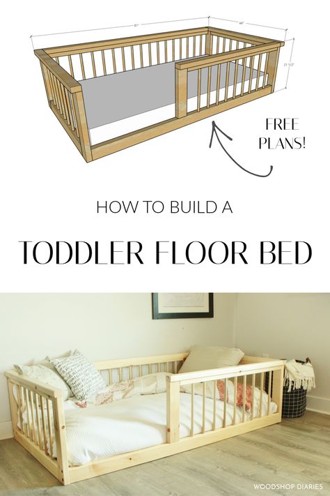 Diy Toddler Floor Bed, Diy Floor Bed, Diy Toddler Bed, Toddler Floor Bed, Free Building Plans, Toddler Boys Room, Diy Toddler, Toddler Rooms, Floor Bed