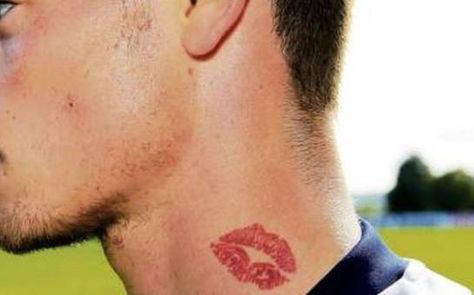 Lighter & more behind ear Kiss Lips Tattoo On Neck, Kiss Tattoo On Neck, Kiss Lip Tattoos, Tatts Ideas, Unique Tattoos Black Women, Kiss Tattoo, Kiss Tattoos, Lipstick Tattoos, Flower Thigh Tattoos