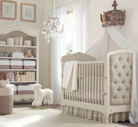 The upholstered Colette Crib ($879, originally $1,099) is inspired by a Louis XV antique and could serve as a sumptuous first bed for a baby boy or girl. Bed Crown, Restoration Hardware Baby, White Crib, Rh Baby, Beautiful Nursery, Baby Bedroom, Baby's Room, Nursery Inspiration