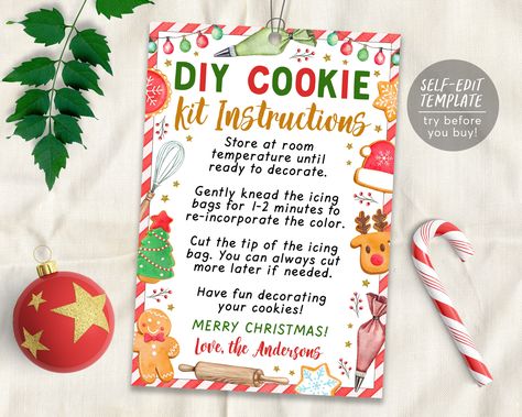 Diy Cookie Kit Instructions, Cookie Kit Instructions, Diy Cookie Kit, Printables Etsy, Cookie Decorating Kit, Cookie Decorating Party, Decorating Party, Kit Christmas, Cookie Kit