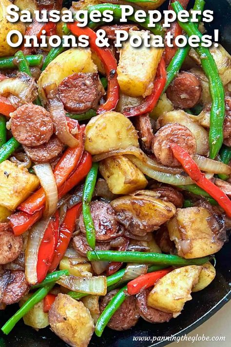 Nothing satisfies like a big pile of sausages peppers and onions...unless you toss some potatoes into the equation! - creamy, comforting potatoes blending right in with each delicious bite of smoky sausage and luscious caramelized onions and peppers is a game-changer that will make you wonder how you ever enjoyed sausage, peppers and onions without potatoes! Sausage Potatoes And Peppers Crockpot, Sausage Peppers Onions And Potatoes Oven, Sausage Peppers Onions And Potatoes, Sausage Pepper Onions And Potatoes, Peppers Onions And Potatoes, Sausage Potatoes And Peppers, Sausage Peppers And Onions, Dairy Recipes, Sausage Peppers