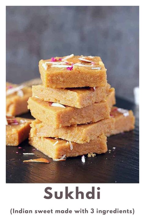 Made with only 3 ingredients, this authentic Gujarati sweet Sukhdi recipe is flavorful, tasty, and has a soft melt in the mouth texture. It is also called gur papdi or gol papdi. #gujarati #sweet #mithai #diwali #festival #indian Barfi Recipe, Sweet Cooking, Indian Dessert, Moong Dal, Gluten Free Sweet, Slow Roast, Indian Dessert Recipes, Indian Desserts, Indian Sweets