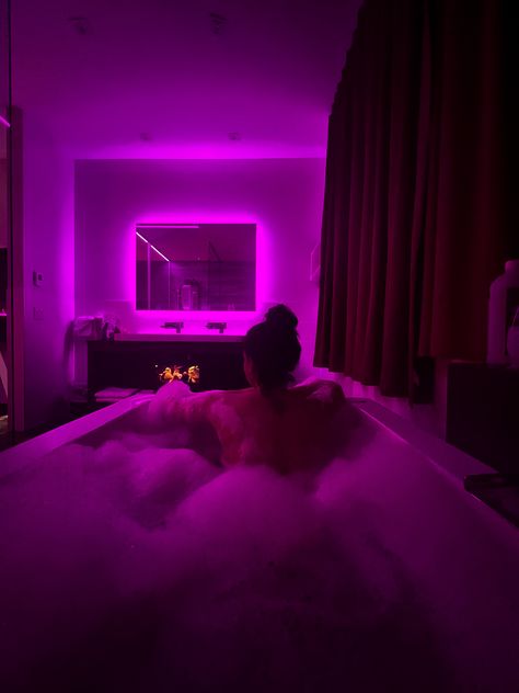 #bathroom #bath #bathtub #ledlighting #led #purple #bubbles #newyear Pink Led Bathroom, Bathroom Vibes Aesthetic Led Lights, Bathroom Ideas With Led Lights, Led Shower Aesthetic, Led Lights Bathroom Aesthetic, Bathroom Ideas Led Lights, Bathroom Mood Lighting, Led Bathroom Ideas, Bathroom With Led Lights