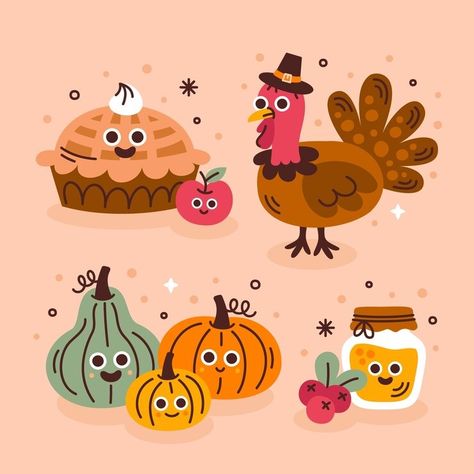 Free Vector | Flat cartoon character illustration for thanksgiving day celebration Turkey Illustration Cute, Thanksgiving Illustration Design, Canva Thanksgiving Elements, Thanksgiving Illustration Art, Cute Thanksgiving Drawings, Kawaii Thanksgiving, Thanksgiving Characters, Thanksgiving Doodles, Thanksgiving Icons