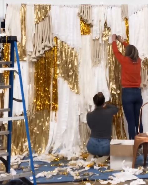 Something Vintage Rentals on Instagram: “We’re SO pumped to introduce our latest 🥁 handmade 🥁 custom 🥁 backdrop!!! 🎊 This 10 second time lapse was actually closer to 10 hours of…” Wedding Backdrop Diy, Disco Party Decorations, Backdrop Diy, Fringe Backdrops, Prom Theme, Diy Backdrop, Bach Party, Decorations Wedding, Custom Backdrop