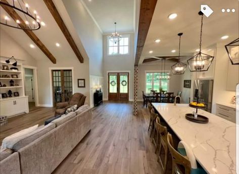 Modern Farmhouse Open Floor Plan Decor, Barndo Entryway, Barndominium Room Ideas, Open Concept Kitchen Living Room Barndominium, Barndominium With Foyer, Open Floorplan Interior Design, Main Floor Layout Open Concept, Barndominium Kitchen Open Concept, Barndominium Homes Interior