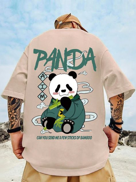 Apricot Casual Collar Half Sleeve Fabric Cartoon,Slogan  Embellished Slight Stretch  Men Clothing T Shirt Cartoon Design, Streetwear T Shirt Design Ideas, Cartoon T Shirt Design, Oversize Outfit, Polo Shirt Outfits, Big Men Fashion, Trendy Shirt Designs, Tee Shirt Fashion, Tshirt Design Men