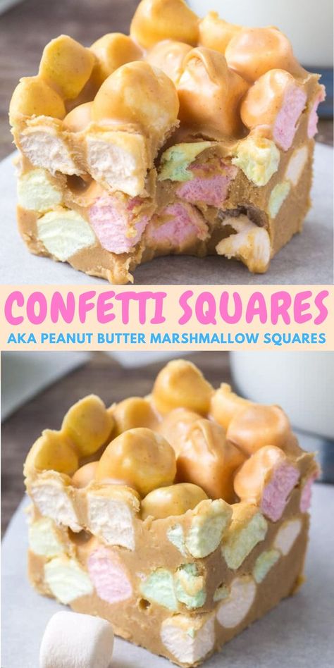 Collage of 2 photos of peanut butter marshmallow squares Marshmallow And Peanut Butter Squares, Peanut Butter Marshmallow Squares Recipe, Butterscotch Peanut Butter Marshmallow, Marshmellow Squares Peanut Butter, Peanut Marshmallow Squares, Butterscotch Marshmallow Squares Recipe, Confetti Squares Recipe, Marshmellow Peanutbutter Squares Easy, Marshmallow Confetti Squares