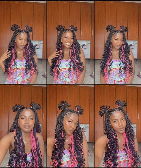 Black Pink Box Braids, Black And Pink Box Braids With Curls, Knotless Braids With Color Pink, Pink Peekaboo Highlights Braids, Peak A Boo Braids Pink, Pink And Black French Curl Braids, Half Pink Half Black Hair Box Braids, Black Braids With Pink Underneath, Ways To Style Peekaboo Braids