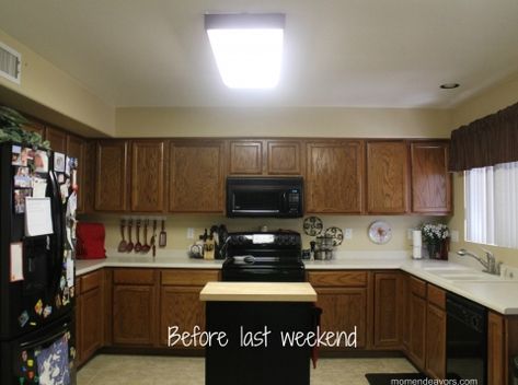 Home Depot Kitchen Lighting, Fluorescent Kitchen Lights, Small Kitchen Lighting, Lighting Makeover, Home Depot Kitchen, Fluorescent Light Fixture, Cabinet Lights, Long Kitchen, Modern Laundry Rooms