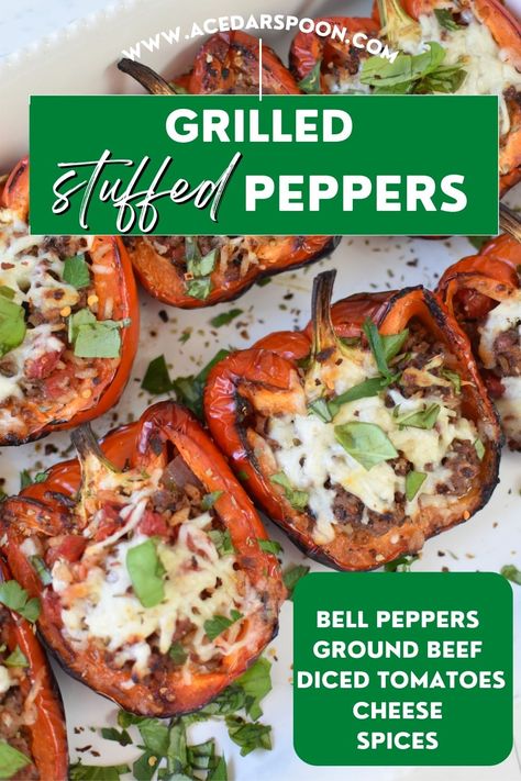 Grilled Stuffed Peppers are a great meal during the warmer months. Your favorite bell pepper is stuffed with a ground beef mixture including rice, spices, diced tomatoes, cheese and fresh herbs. The stuffed peppers are grilled to create that smoky, grilled flavor we all like. These peppers are a great way to use up your garden peppers or farmers market produce! Bbq Stuffed Peppers, Ground Chicken Stuffed Peppers, Stuffed Bell Peppers Ground Beef, Grilled Stuffed Peppers, Southwest Stuffed Peppers, Farmers Market Produce, Garden Peppers, Rice Spices, Vegan Stuffed Peppers