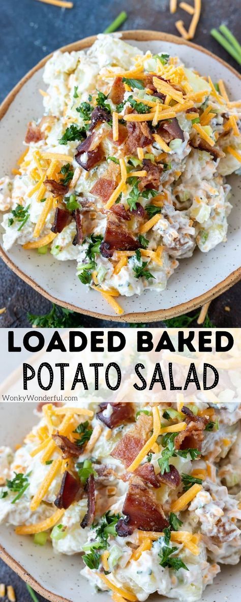 This Loaded Baked Potato Salad Recipe has all the great baked potato topping combined into a flavorful potato salad. Cheese, bacon, sour cream and green onions make this a truly unforgettable side dish. #sidedishrecipes #potatosaladrecipes #loadedpotatosalad Loaded Baked Potato Salad Recipe, Sour Cream Potato Salad, Baked Potato Salad Recipe, Loaded Potato Salad, Salad Cheese, Loaded Baked Potato Salad, Potato Salad Recipe Easy, Baked Potato Salad, Bacon Potato Salad