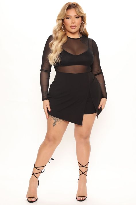 Available In Black. Romper Mesh Top Scoopneck Long Sleeve Skort Functional Back Zipper Stretch Partially Lined Stretch Self: 95% Polyester 5% Spandex Lining: 100% Polyester Imported | Blurred Lines Mesh Romper in Black size 2X by Fashion Nova Mesh Romper, Blurred Lines, Hot Outfits, Black Romper, Blur, Mesh Top, New Black, Fashion Nova, Black Fashion