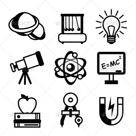 Physics science equipment teaching and studying black and white education icons set isolated vector illustration. Editable EPS and Science Physics Stickers, Physical Science Design, Physics Drawing Ideas, Studying Black And White, Physics Logo Design, Physics Logo, Physics Icon, Physics Stickers, Stem Stickers