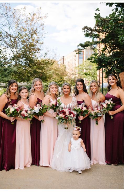 Blush And Wine Bridesmaid Dresses, Wine And Blush Bridesmaid Dresses, Burgundy And Pale Pink Wedding, Blush And Burgundy Bridesmaid Dresses, Burgundy And Pink Bridesmaid Dresses, Burgundy And Blush Bridesmaid Dresses, Rosewood Wedding Color, Maroon Bridal Party, Shades Of Pink Bridesmaid Dresses