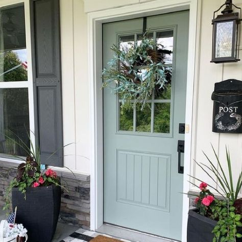 Front Door Ideas Green, Acacia Haze Exterior, Sherwin Williams Acacia Haze, Aqua Front Doors, Acacia Haze, Yellow House Exterior, Exterior Front Door Colors, Teal Front Doors, Exterior Door Colors