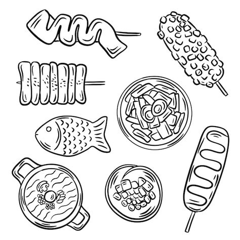 Vector set of hand drawn korean food lin... | Premium Vector #Freepik #vector #noodle-icon #noodle #bowl #ramen Food Drawing Korean, Korea Food Drawing, Korean Food Doodle, Food Drawing Simple, Food Illustrations Vector, Ramen Noodle Drawing, Korean Food Drawing, Food Illustration Art Graphics, Korea Doodle