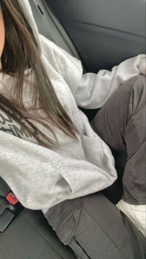 ootd, outfit inspo, grey hoodie, black jeans, cargos, car ride, fit, outfit ideas, hoodie outfit, winter outfit, school outfit, Grey Hoodie And Leggings Outfit, Light Grey Hoodie Outfit, Grey Hoodie Aesthetic, Grey Cargo Outfit, Outfit Ideas Hoodie, Hoodie Outfit Winter, Gray Hoodie Outfit, Hoodie And Leggings Outfit, Black Flared Jeans