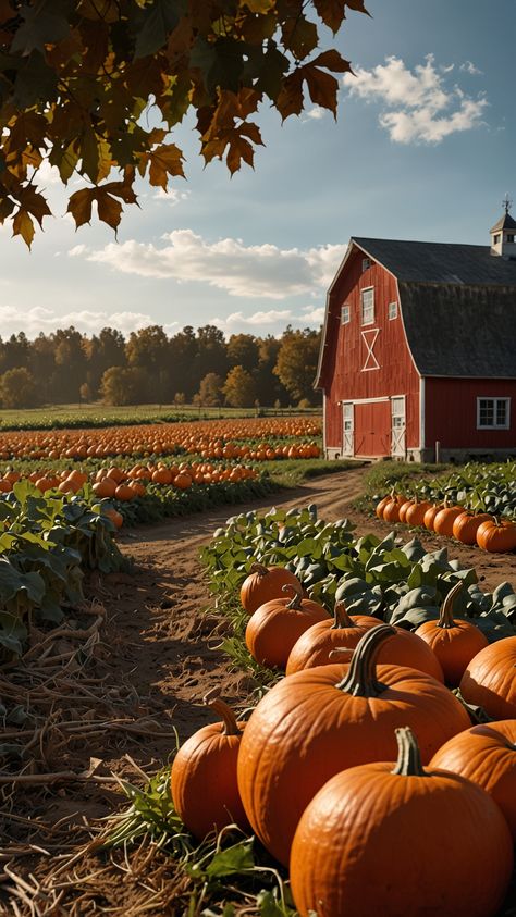 Pumpkin farms and beautiful red barns, are my fall weakness! October Asthetic Picture, Country Fall Asthetic, Fall Decor Bay Window, Fall Aesthetic Western, Pumpkin Patch Landscape, Fall Farm Wallpaper, Fall Park Aesthetic, Fall Homestead Aesthetic, Pumpkin Autumn Aesthetic