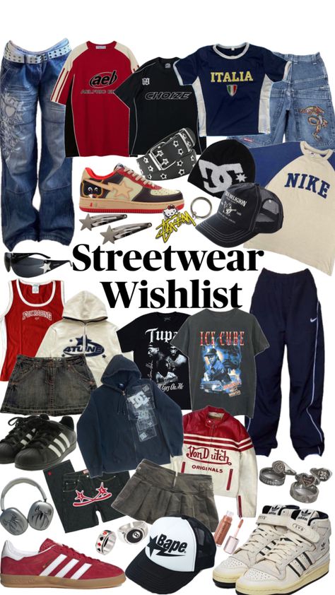 Streetwear wishlist #fashion #streetwear #y2k #aesthetic Cute Y2k Outfits, Y2k Streetwear Aesthetic, 2000s Streetwear, Street Style Outfits Casual, Outfit Ideas For Summer, Top Clothing Brands, Y2k Outfit Ideas, Downtown Outfits, Outfit Inspo Casual