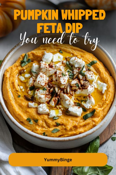 Pumpkin Whipped Feta Dip is the perfect blend of savory and seasonal flavors. The creamy combination of pumpkin purée and tangy feta cheese… Pumpkin Buffalo Chicken Dip, Pumpkin Dip Savory, Whipped Pumpkin Feta, Whipped Pumpkin Feta Dip, Pumpkin Whipped Feta Dip, Pumpkin Feta Dip, Fall Dip Recipes, Fall Dips, Pumpkin Bruschetta